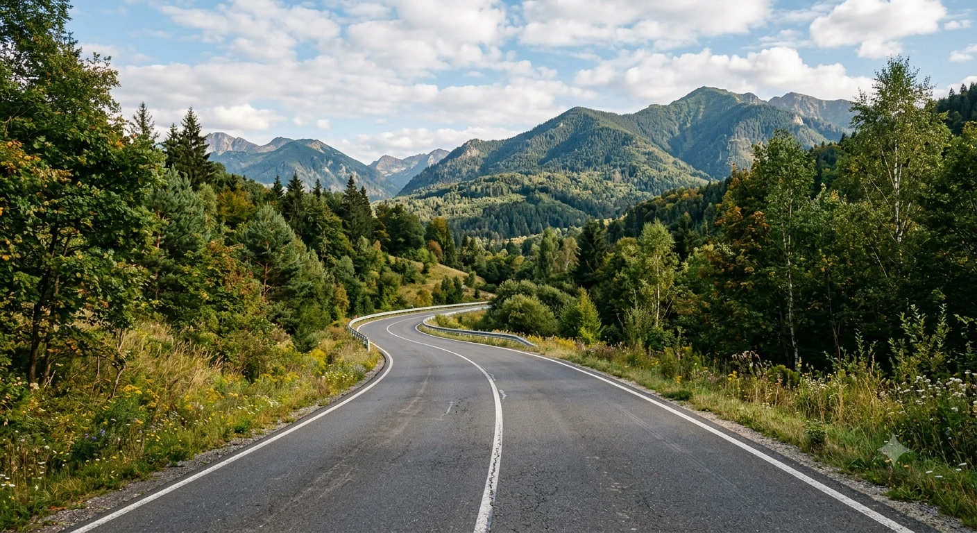AI-generated illustrative tar road winding through a green mountain landscape