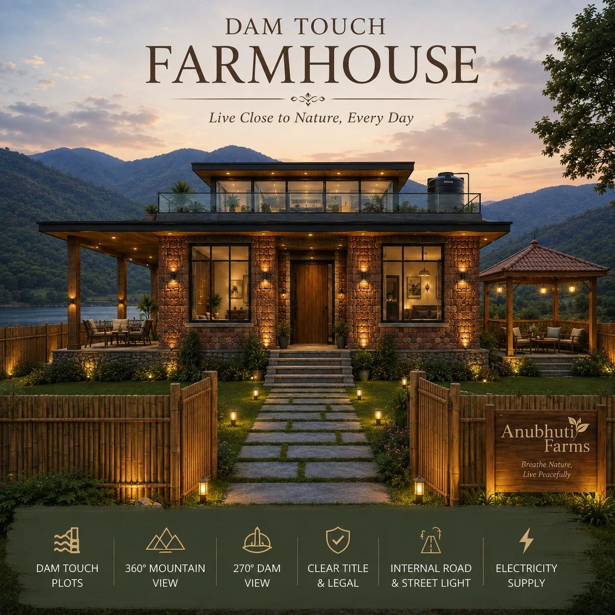 Illustrative farmhouse and garden concept near the dam