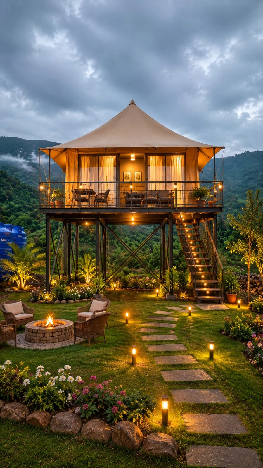 Illustrative glamping tent farmhouse option among green hills